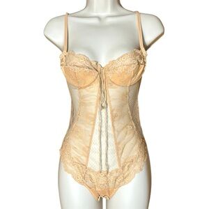 La Perla Sheer Lace Teddy Mesh Lingerie Bodysuit Bustier Nude Peach Italy 34 2 S